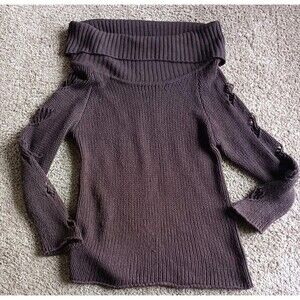 Y2K Jamie Nicole Cowl Neck Sweater Sz 3X Brown Off Shoulder Distressed Sleeves